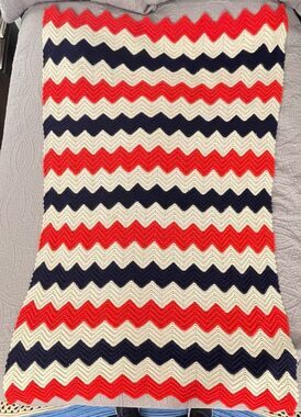 Red White & Blue Afghan Homemade 50x70 Patriotic USA Chevron Striped Blanket